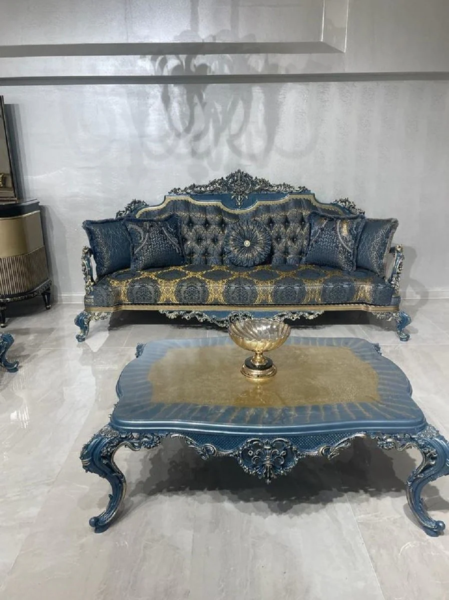 Luxury Baroque Living Room Set Blue / Gold - 2 Baroque Sofas & 2 Baroque Armchairs & 1 Baroque Coffee Table - Luxury Living Room Furniture in Baroque Style - Baroque Furniture - Noble & Ornate