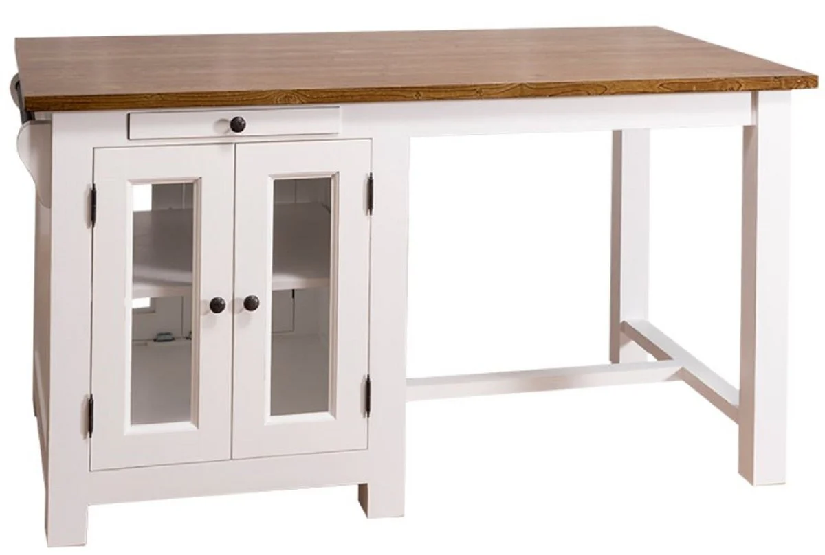 Country house style kitchen island with 4 glass doors and 2 drawers white / dark brown 150 x 85 x H. 80 cm - country house style kitchen furniture