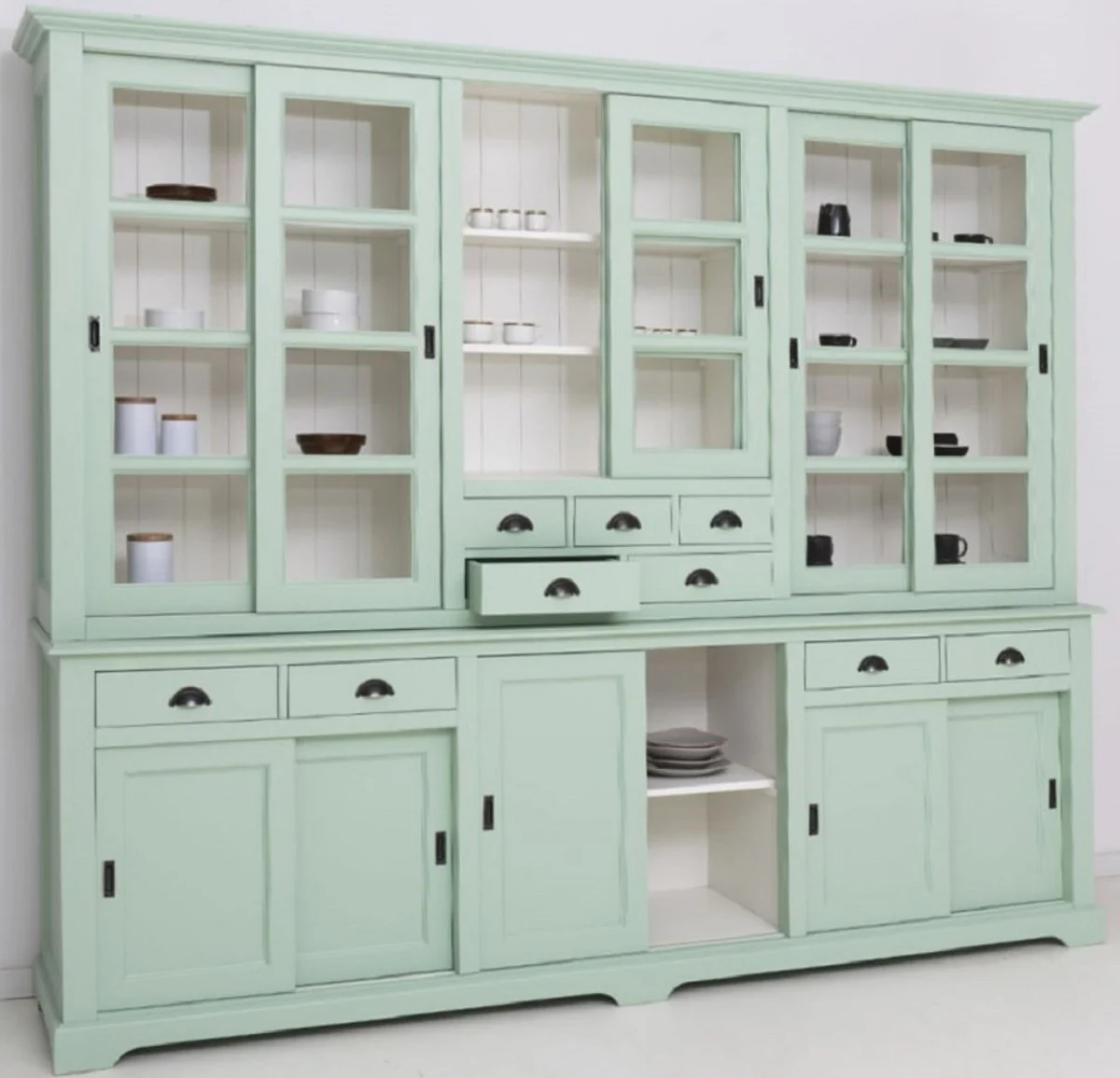 Country house style dining room cabinet mint green / white 280 x 55 x H. 225 cm - solid wood kitchen cabinet - dining room furniture in country house style - country house style dining room furnishings