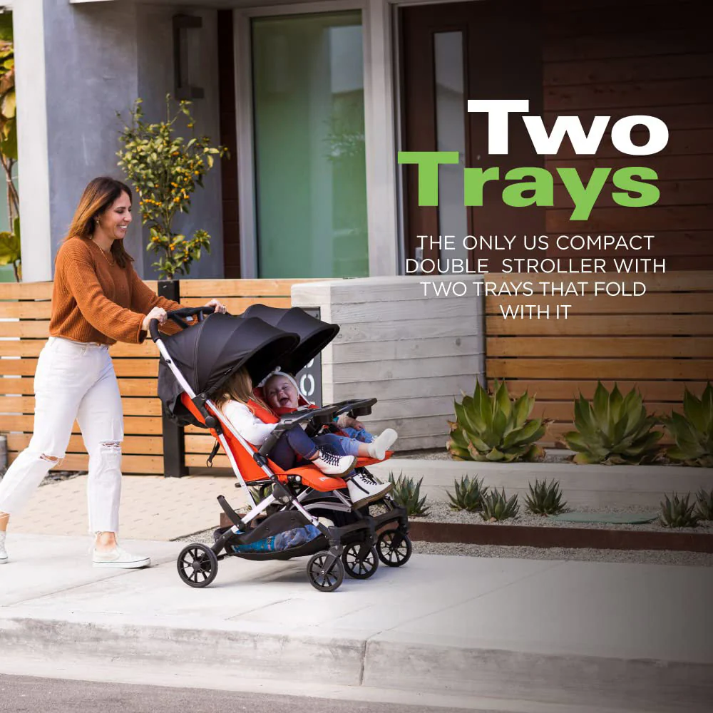 Side-by-Side-Doppelkinderwagen mit zwei Snack-Tabletts, einhändig klappbaren Sitzen, verstellbaren Liegesitzen, verstellbaren Beinstützen und 2 Reißverschlusstaschen zur Aufbewahrung, geschmiedetes Eisen