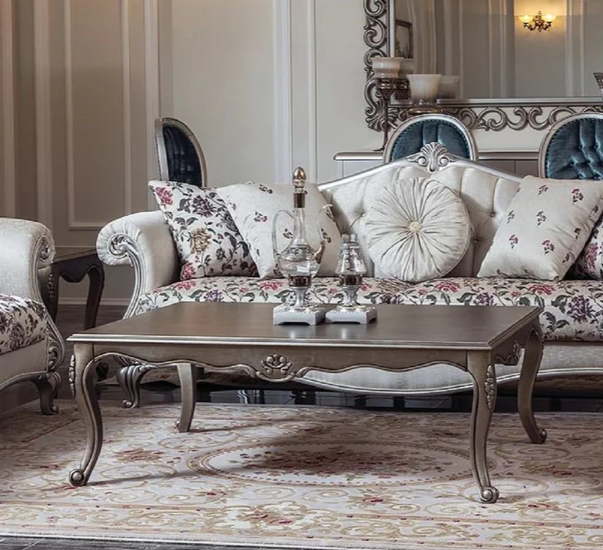 Luxury baroque coffee table silver 126 x 90 x H. 45 cm - Rectangular solid wood living room table in baroque style - Baroque living room furniture