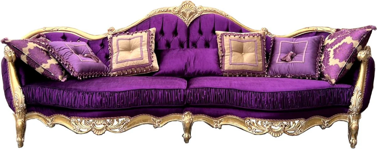 Luxury Baroque Sofa Purple / Gold - Magnificent Living Room Sofa with Elegant Satin Fabric - Baroque Furniture - Luxury Living Room Furniture in Baroque Style - Baroque Furnishings - Noble & Magnificent