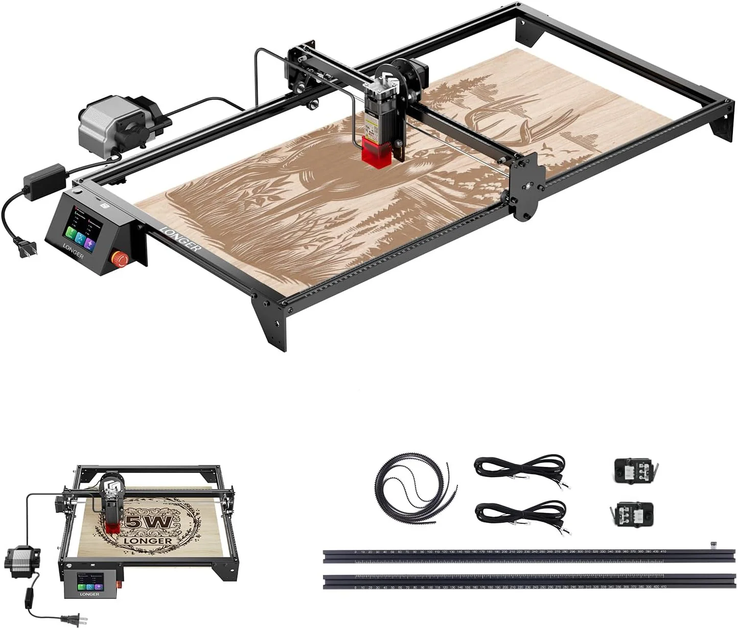 Longer RAY5 5W Laser Engraver with Air Pump, Limit Switch Kit and Y-Axis Extension Kit, Extended Work Area to 33.46 x 15.75, 3.5” Color Touch Screen, DIY Engraving Tool for Metal/Glass/Wood