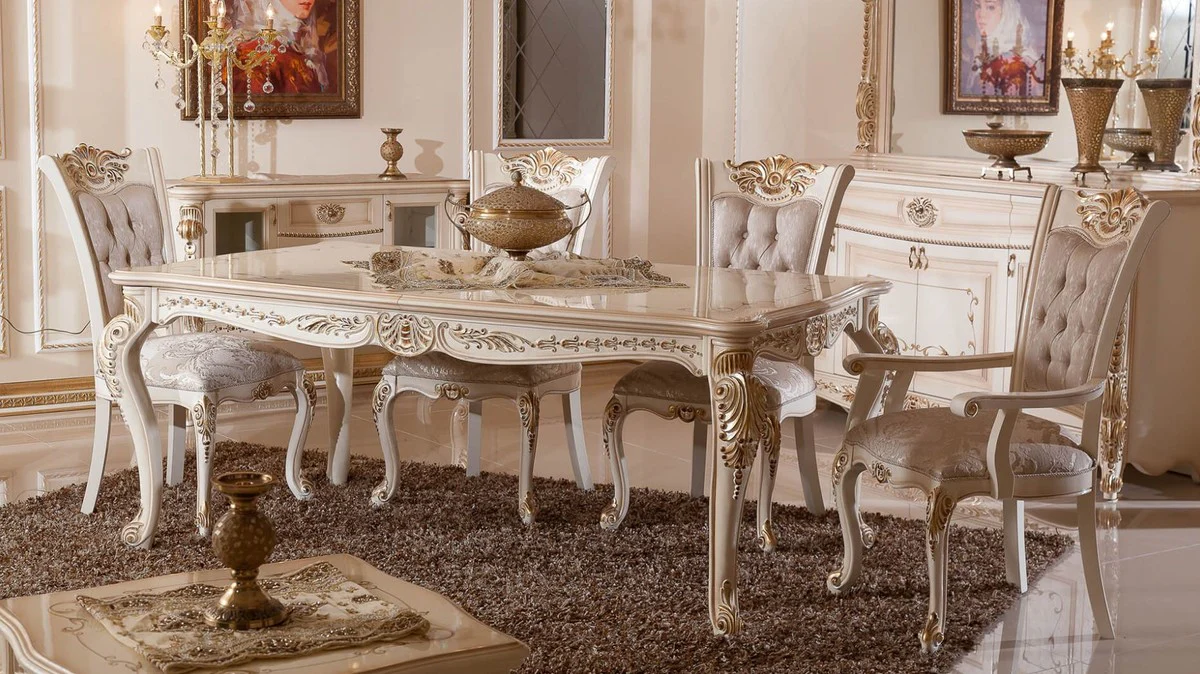 Luxury Baroque Dining Room Chair Set of 6 Gray / White / Beige / Gold - Baroque Style Kitchen Chairs with Pattern - Luxury Dining Room Furniture in Baroque Style - Baroque Dining Room Furniture
