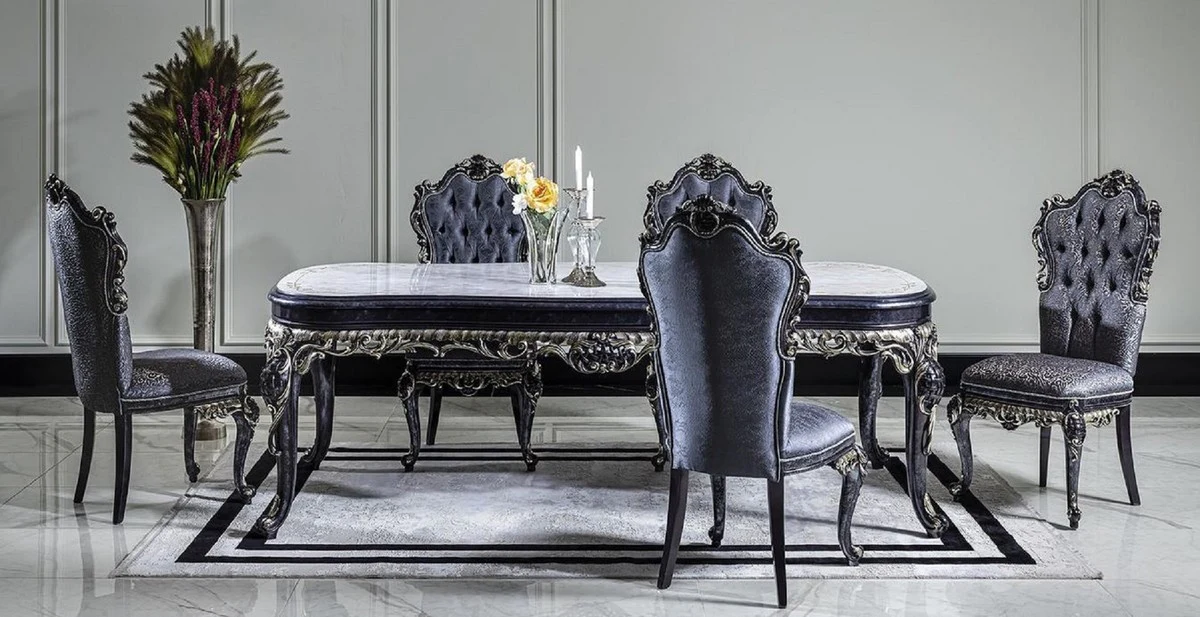 Luxury Baroque Dining Room Chair Set Blue / Gold - Handmade Kitchen Chairs Set of 6 - Baroque Dining Room Furniture - Noble & Magnificent