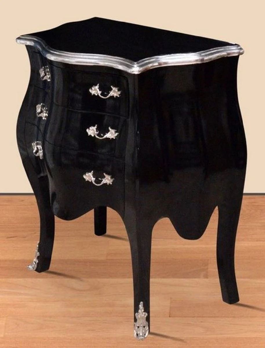Baroque night dresser black / silver - Handcrafted solid wood chest of drawers in baroque style - Antique style bedside table with 3 drawers - Baroque furniture