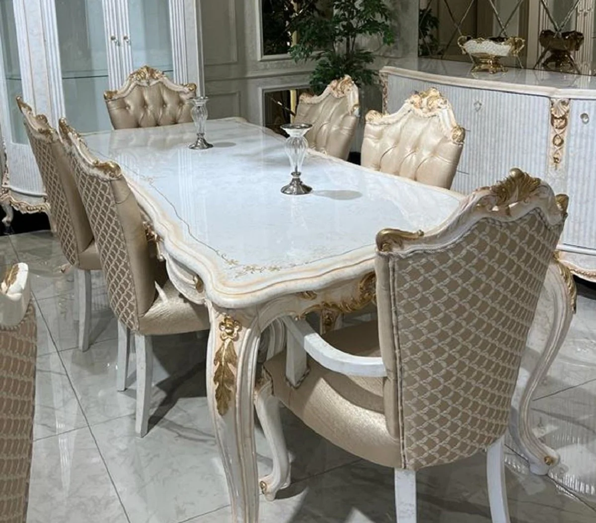 Luxury Baroque Dining Room Set White / Gold - 1 Baroque Dining Table & 6 Baroque Dining Room Chairs - Baroque Dining Room Furniture - Noble & Magnificent