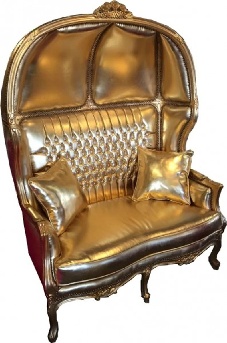 Baroque 2 Seater Balloon Sofa Gold Leather Look / Gold with Bling Bling Rhinestones - Living Room Couch Furniture Lounge Wedding
