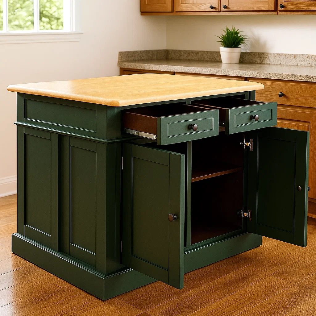 Rechteckige Kücheninsel mit Doppelschrank und zwei Schubladen, aus MDF-Holz, dunkelgrün und eichenfarben, ohne Rollen, 120 x 75 x 90 cm, für klassische Küchen - XKDB5jvw9woI