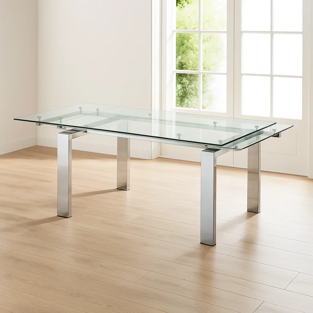 Ausziehbarer Esstisch aus silber- und transparentem Sicherheitsglas und Edelstahl für den Innenbereich, 180 × 100 × 76 cm - M68rSC603sPC