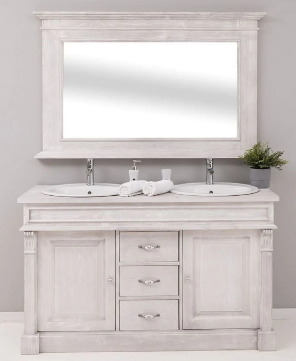 Country house style bathroom set light gray - 1 double washbasin & 2 sinks & 2 taps & 1 wall mirror - solid wood bathroom furniture in country house style