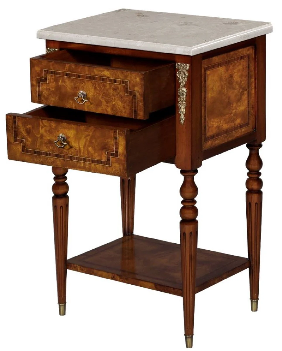 Luxury baroque side table light brown / brown / cream 42 x 31 x H. 68 cm - solid wood table with marble top - bedside table - night dresser - baroque furniture