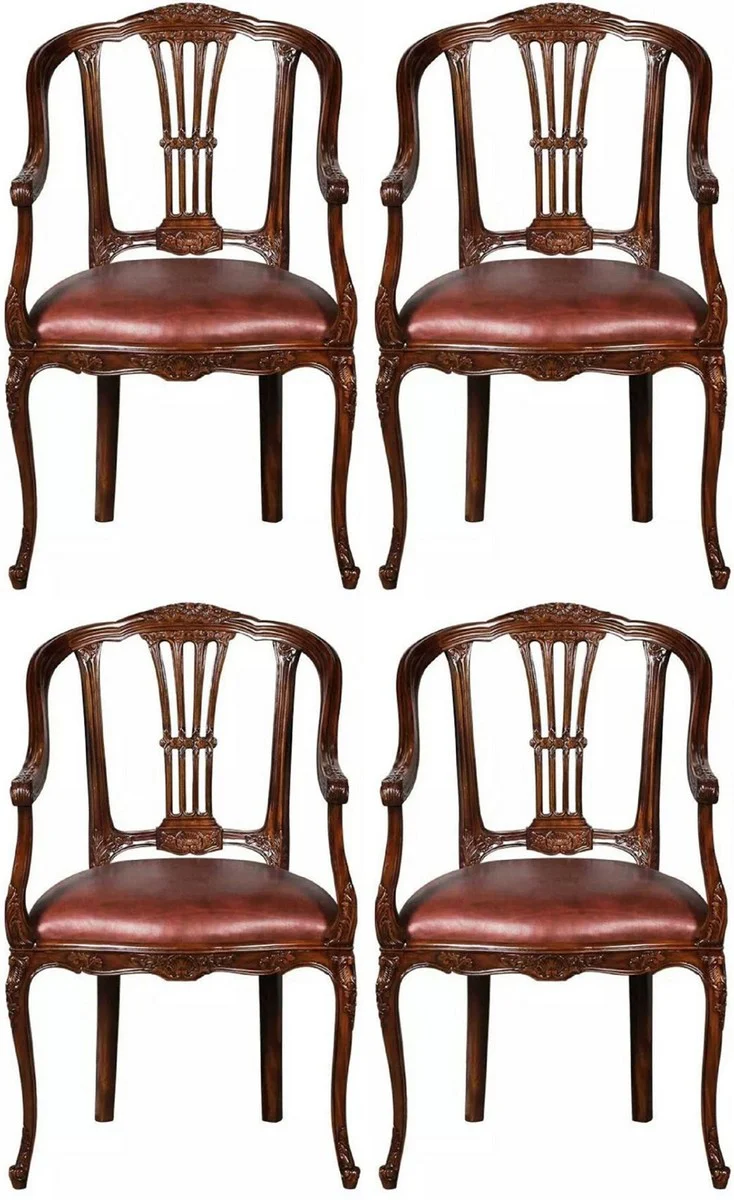 Luxury Baroque Leather Dining Room Chair Set of 4 with Armrests Brown - Magnificent Baroque Style Real Leather Kitchen Chairs - Luxury Baroque Dining Room Furniture - Noble & Magnificent