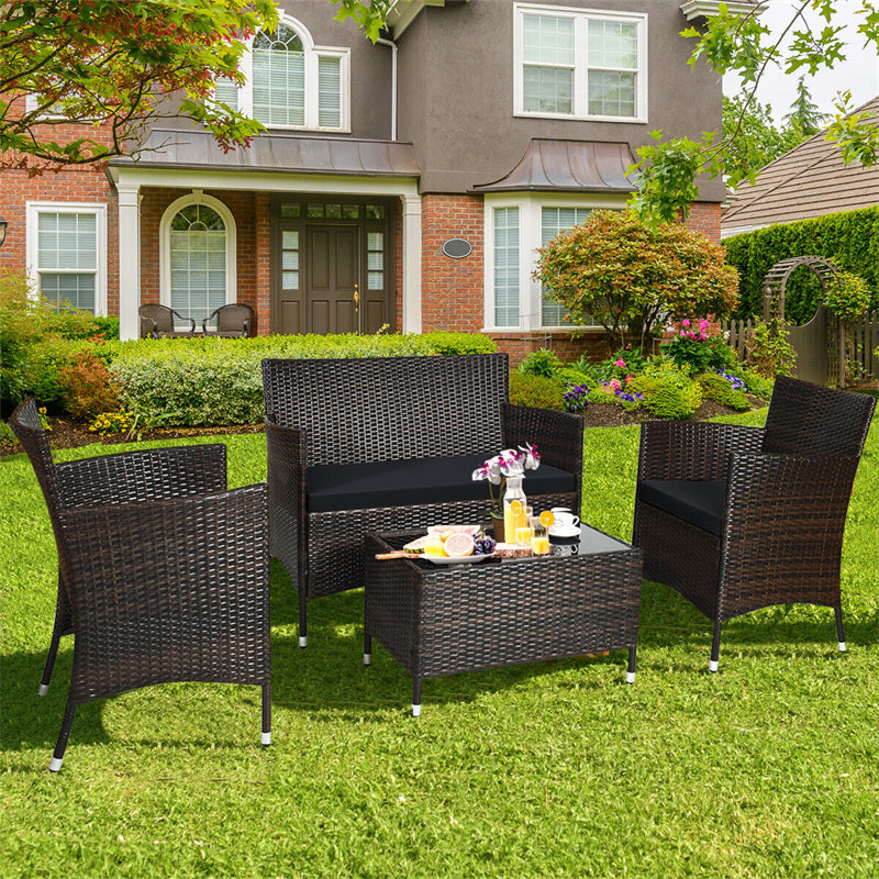 4 Pcs Outdoor Rattan Patio Conversation Set Wicker Furniture Set with Coffee Table and Cushion Sofas