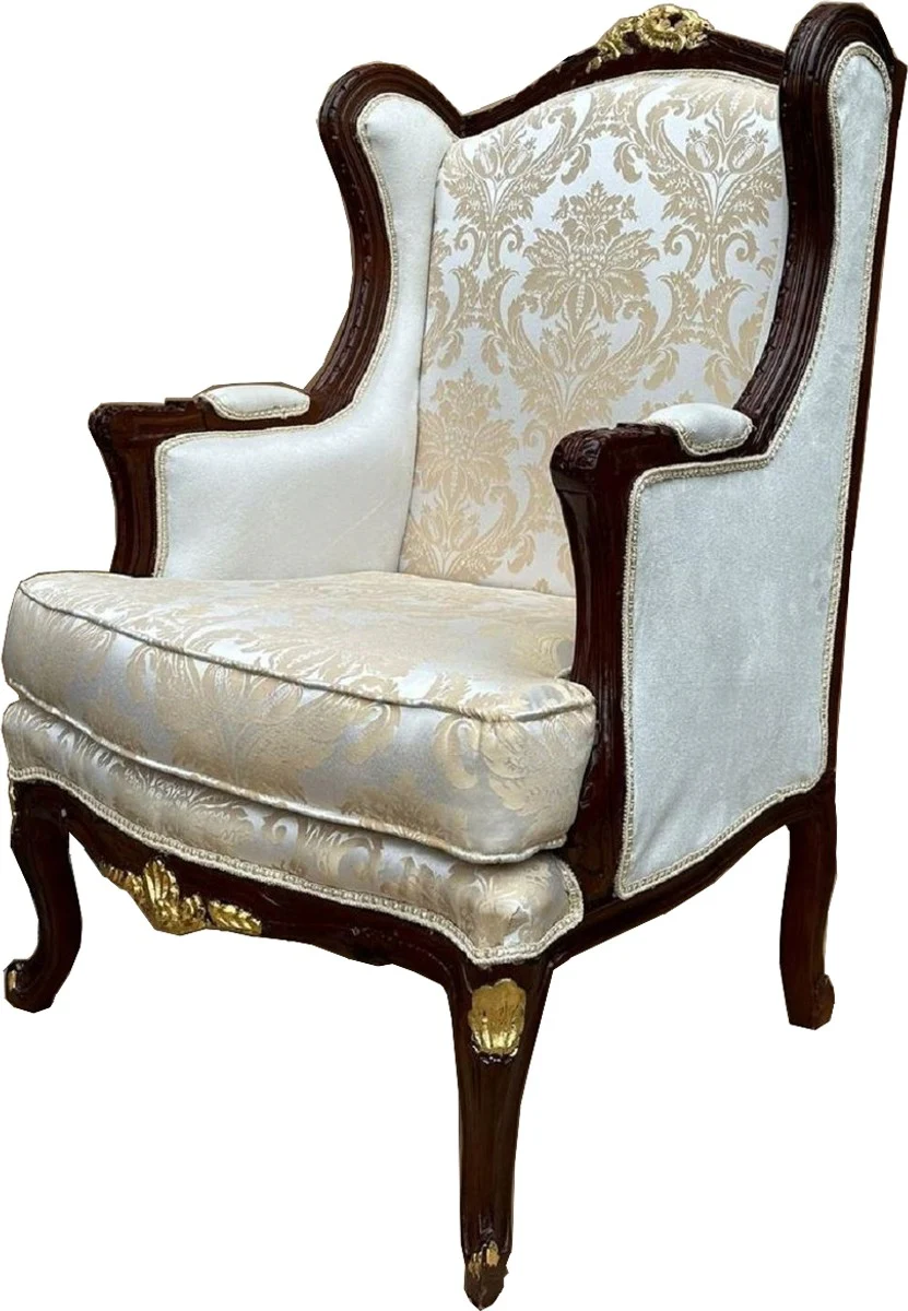 Barock Ohrensessel Beige / Dunkelbraun / Gold - Barock Wohnzimmer Möbel