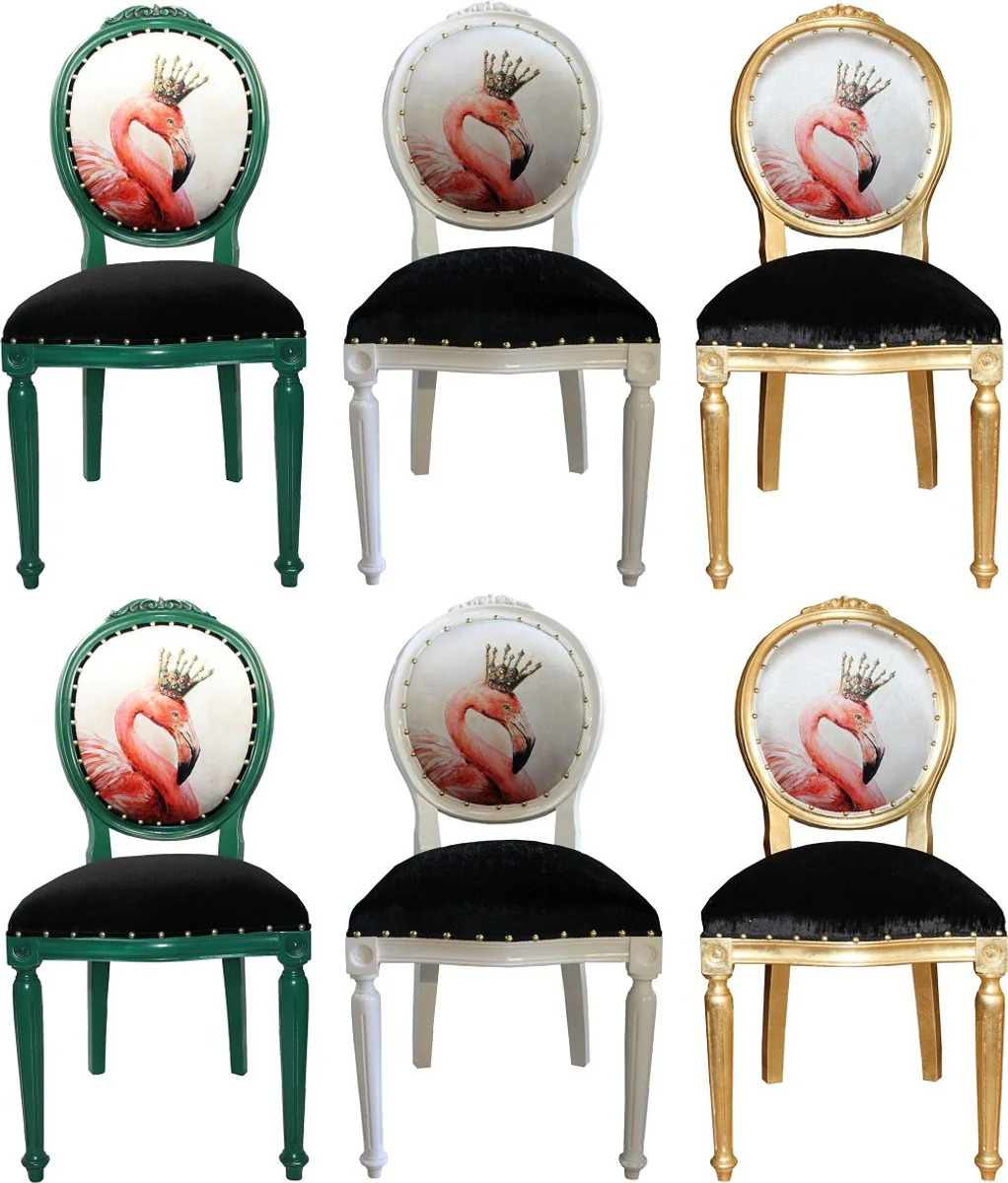Luxury baroque dining room set flamingo with crown green / white / gold 48 x 50 x H. 98 cm - 6 handmade dining chairs with bling bling rhinestones - baroque dining room furniture