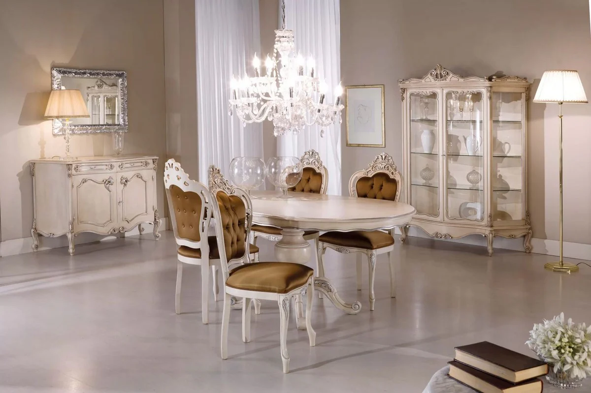 Luxury Baroque Dining Table Cream / Silver - Oval Extendable Solid Wood Dining Room Table in Baroque Style - Baroque Dining Room Furniture - Luxury Quality - Made in Italy
