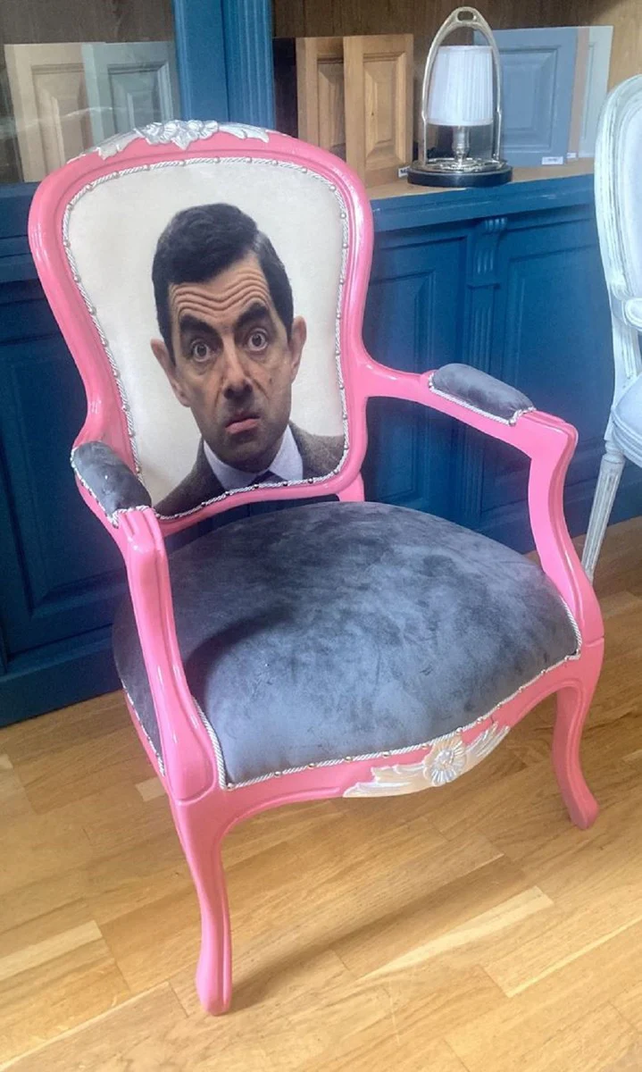 Luxus Barock Salon Stuhl Face Grau / Rosa / Silber