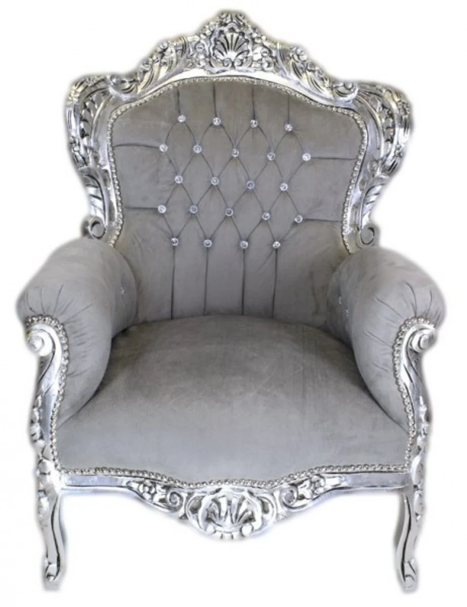 Barock Sessel King Grau Samtstoff / Silber mit Bling Bling Glitzersteinen
