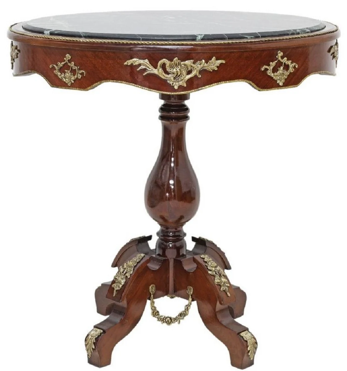 Baroque side table dark brown / brass / black - oval solid wood antique style table with marble top - baroque living room furniture