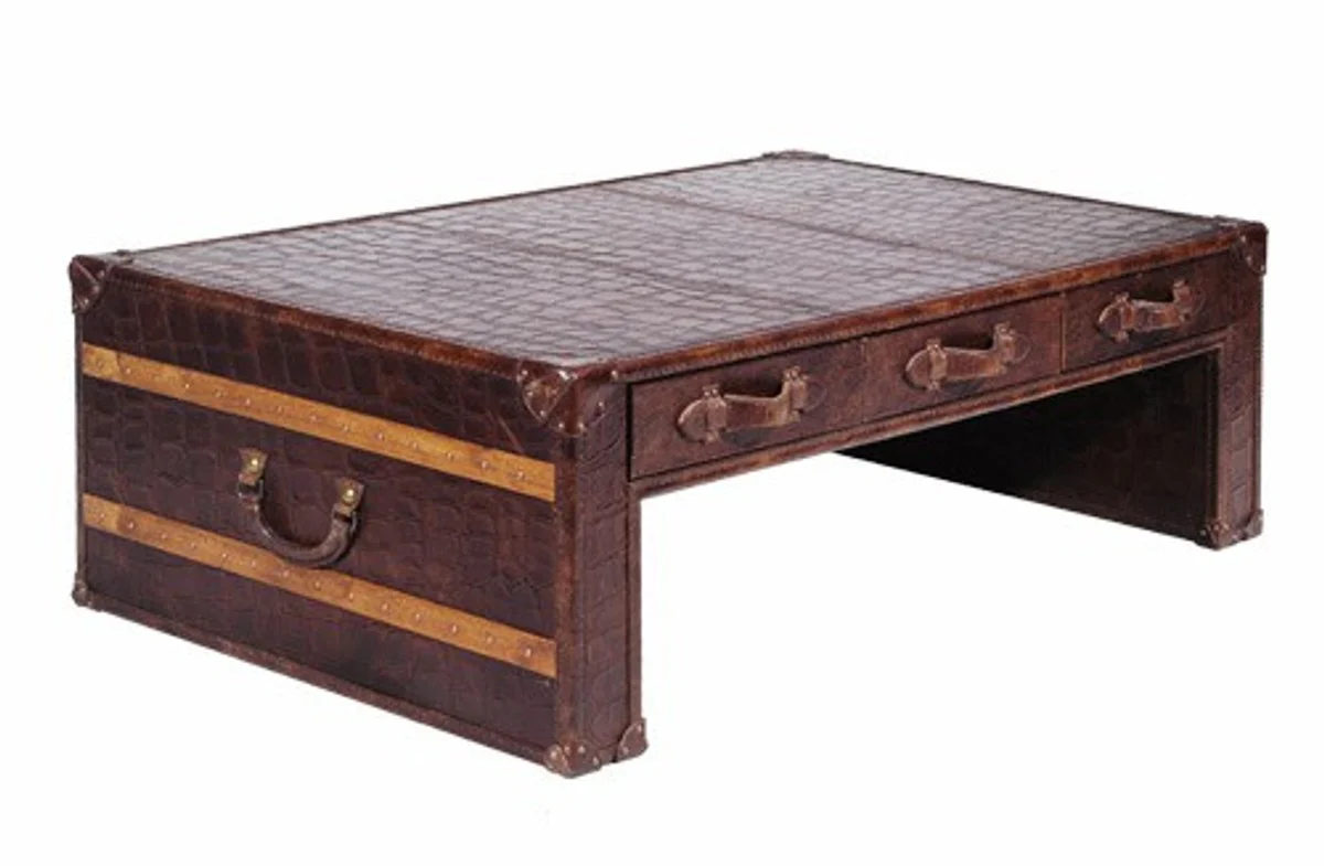 Art Deco luxury genuine leather coffee table in crocodile look brown L132 x W83 x H45 cm - real leather vintage look