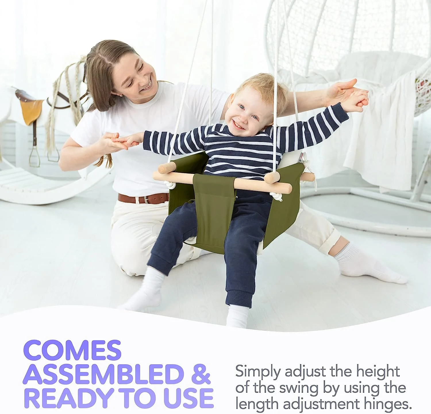 Babyschaukel aus Segeltuch, hängender Schaukelsitz aus Holz mit Sicherheitsgurt, langlebiger Baby-Hängemattenstuhl, Außen- und Innenschaukel für Kinder, Montagezubehör im Lieferumfang enthalten, Elfenbeinfarben