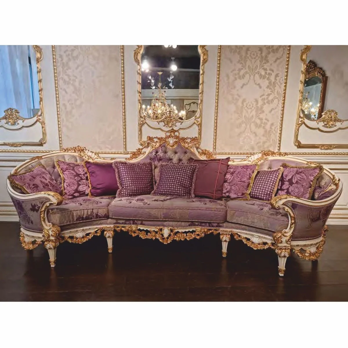 Luxus Barock Wohnzimmer Sofa Lila / Weiß / Gold 297 cm - Made in Italy