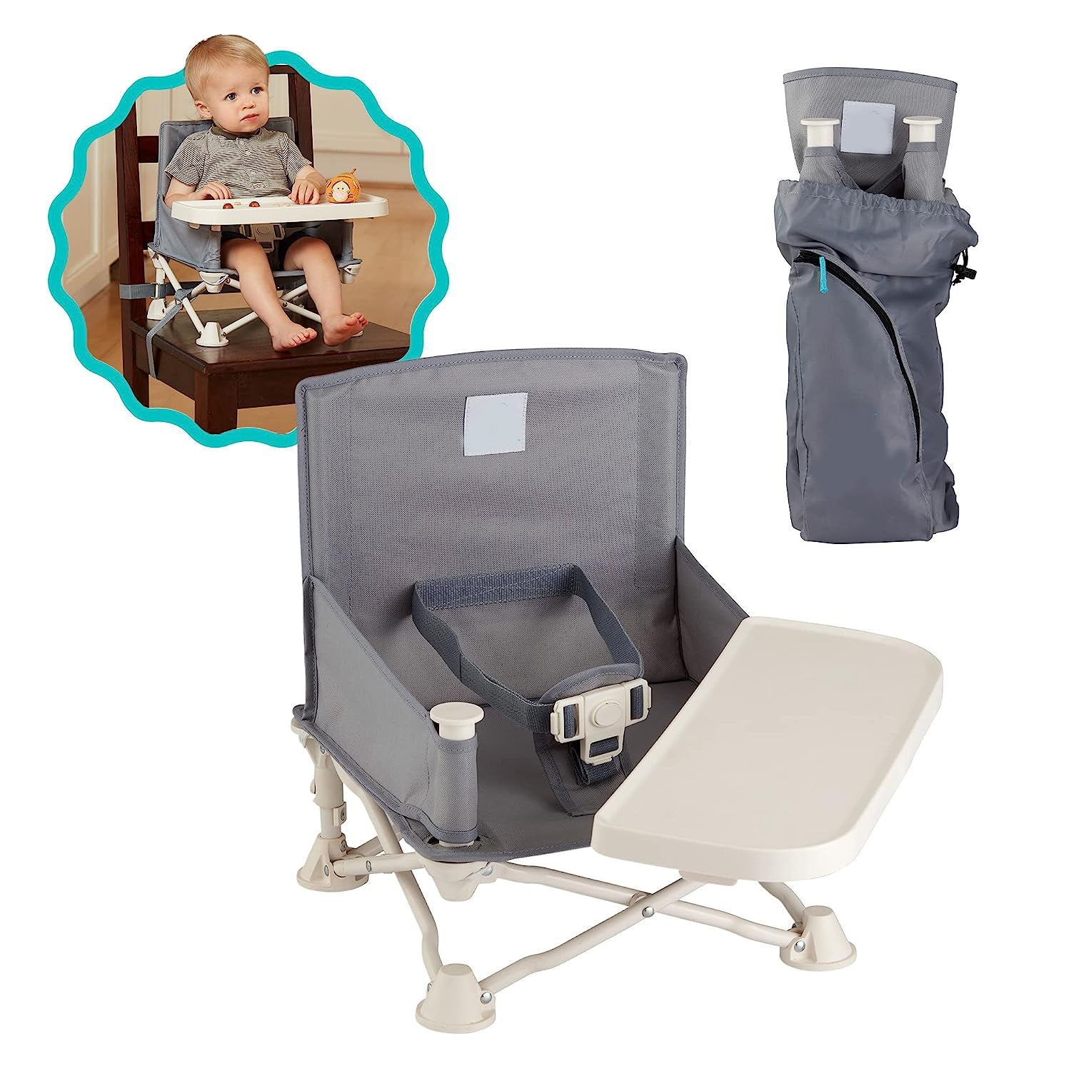 Reisesitzerhöhung mit Tablett für Baby | Zusammenklappbarer, tragbarer Babysitz für Esstisch, Camping, Strand, Omas | Kippfreie Designgurte für Küchenstühle – Sitzerhöhung