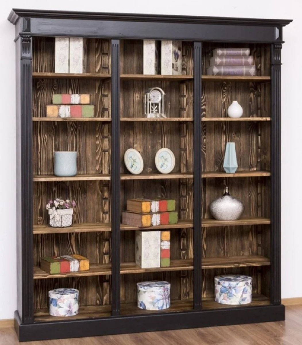 Country house style shelf cabinet black / dark brown 180 x 39 x H. 197 cm - solid wood cabinet - bookcase - living room cabinet - office cabinet - country house style furniture