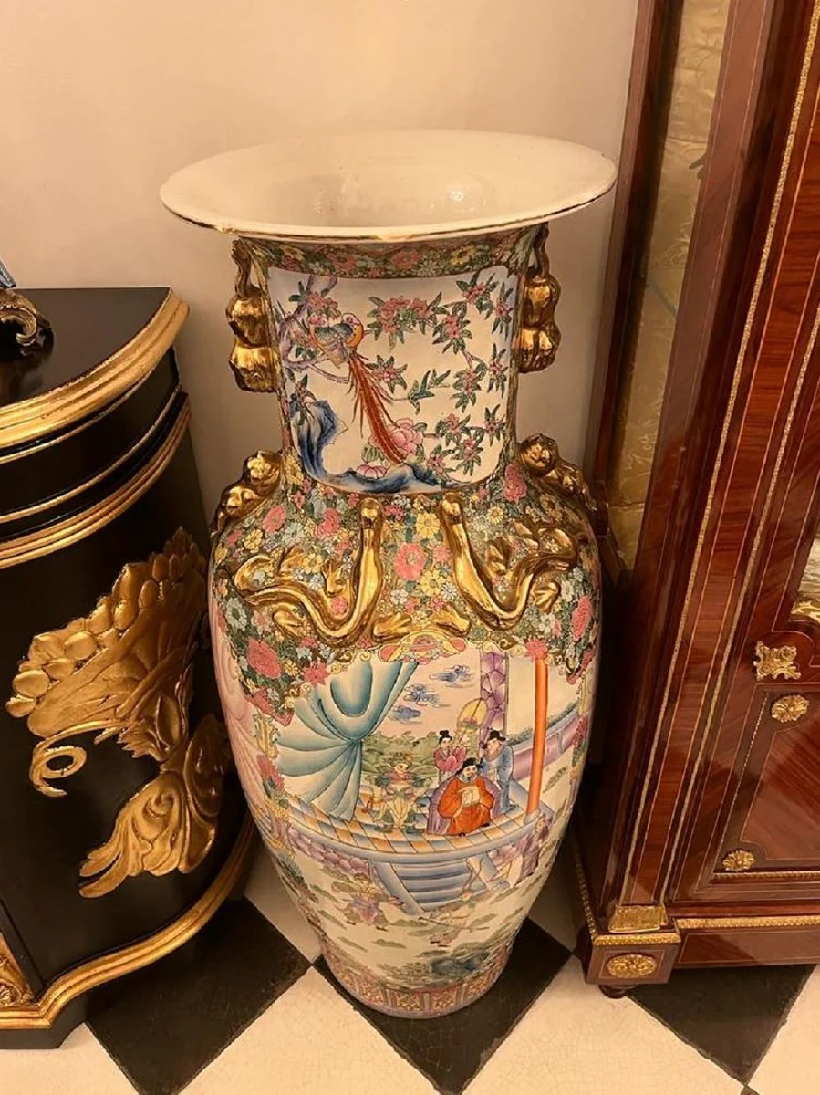 Luxus Barock Deko Vase Weiß / Mehrfarbig / Gold Ø 43 x H. 124 cm - Antike Chinesische Porzellan Vase - Chinesische Luxus Barock Deko Accessoires