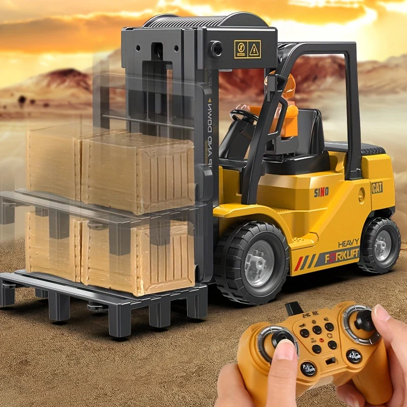 Wiederaufladbares 2,4-GHz-Gabelstapler-Kran-Modellauto mit drahtloser Fernbedienung – anhebbares Spray-Simulation-klingendes technisches Fahrzeugspielzeug – perfektes Geschenk für Jungen!