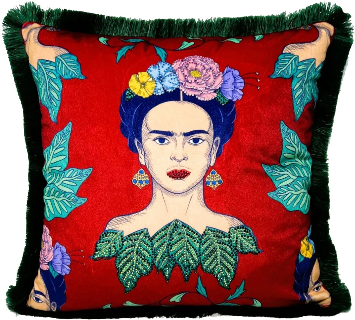 Frida Kahlo by Luxury decorative cushion with rhinestones red / colorful