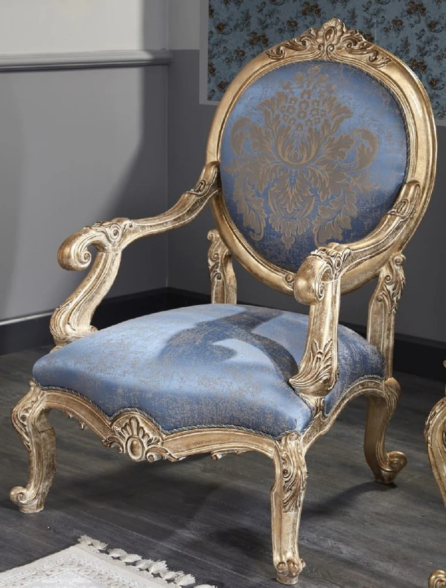 Luxury Baroque Salon Chair Light Blue / Antique Gold 65 x 85 x H. 120 cm - Baroque Furniture