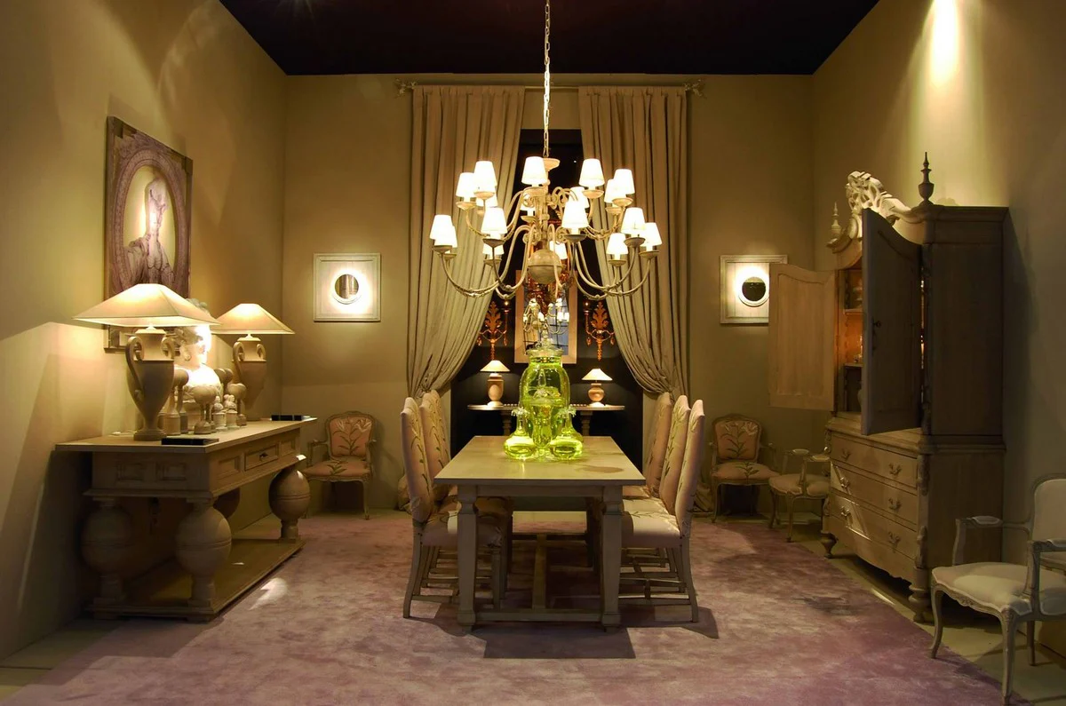 Luxury country house style dining table light gray 220 x 100 x H. 77 cm - Handcrafted solid wood kitchen table - Elegant country house style solid wood dining room furniture