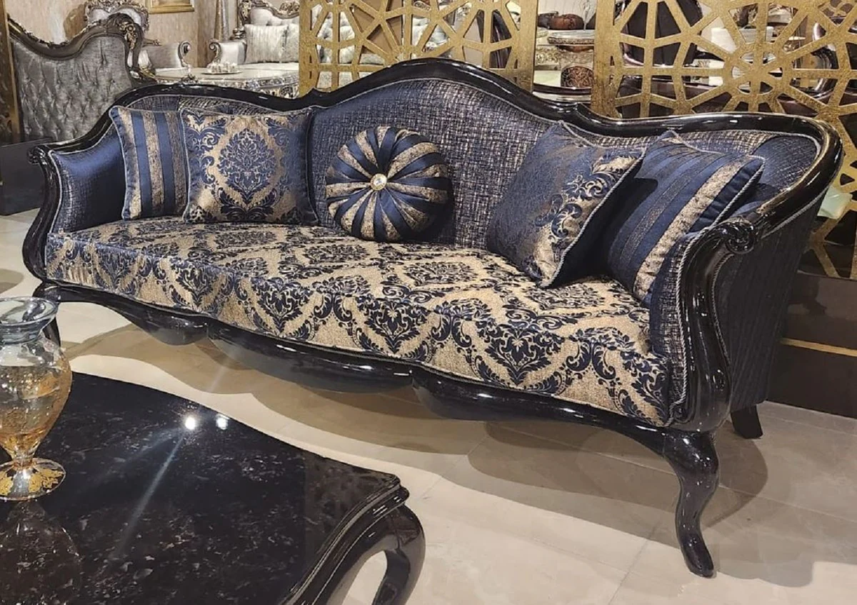 Luxury Baroque Living Room Sofa with Pattern Gold / Blue / Black - Handmade Baroque Style Sofa - Luxury Living Room Furniture in Baroque Style - Baroque Furniture - Noble & Magnificent