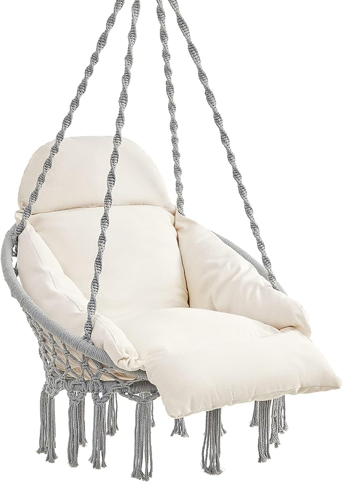 SONGMICS Hammock Chair, Hanging Chair with Large Thick Cushion, Boho Swing Chair for Bedroom, Patio, Balcony, Garden, Living Room, Holds up to 264lb, Cloud White UGDC042M01