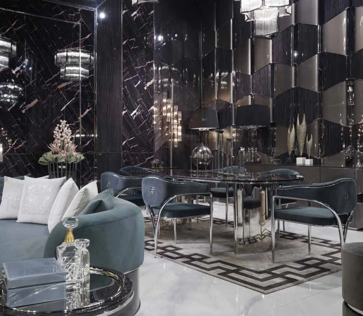 Luxury dining room chair set with armrests gray / silver 56 x 52 x H. 71 cm - kitchen chairs set of 6 - dining room furniture - restaurant furniture - luxury furniture - luxury furnishings