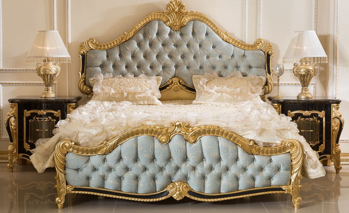 Luxury baroque bedroom set light blue / black / gold - 1 double bed with headboard & 2 nightstands - bedroom furniture in baroque style - noble and magnificent