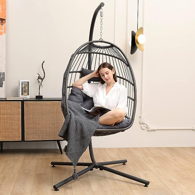 SWITTE Hänger Eierstuhl mit Stand, Egg Swing Hammock Stuhl mit Stand, Indoor Outdoor Wicker Egg Chair mit Kissen Kopfstütze für Patio Schlafzimmer Veranda Garten, 350LBS Kapazität