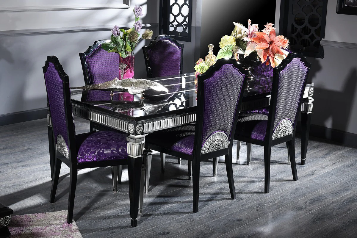 Luxury Baroque Dining Room Set Purple / Black / Silver - Dining Table and 6 Dining Chairs - Baroque Style Dining Room Furniture