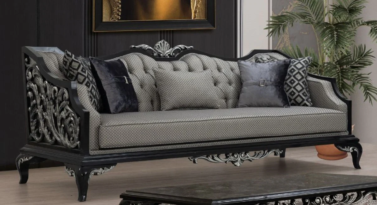 Luxury Baroque Sofa Silver / Black - Living Room Sofa in Baroque Style - Baroque Living Room Furniture - Noble & Magnificent