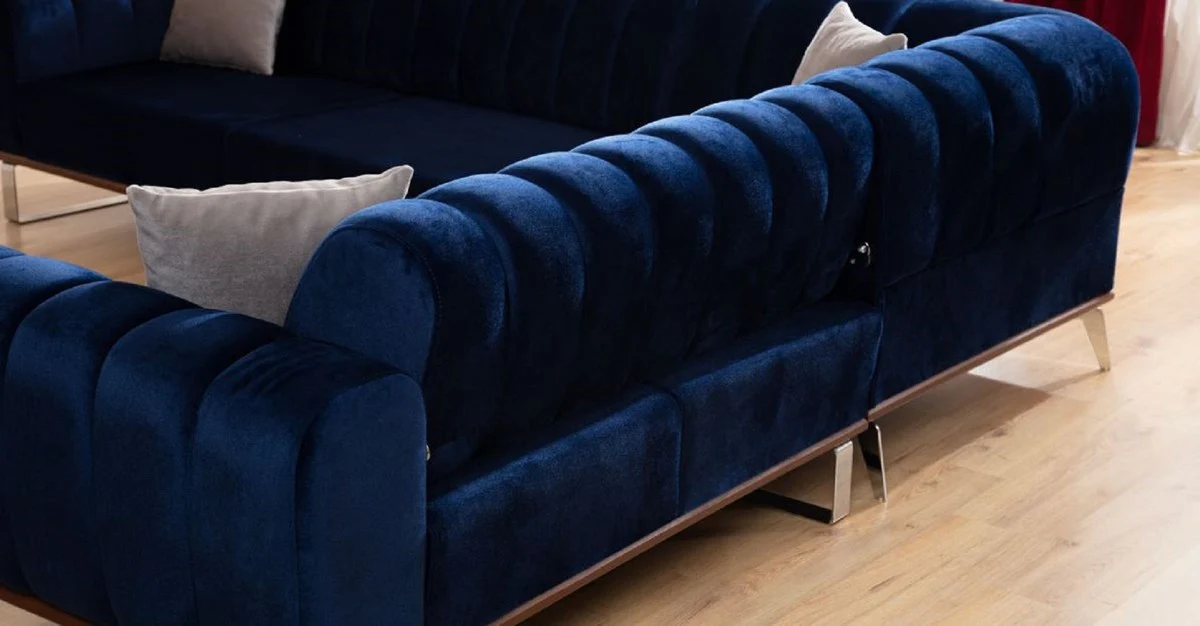 Luxus Ecksofa mit verstellbaren Rückenlehnen Blau / Braun / Silber 320 x 180 x H. 80 cm - Wohnzimmer Sofa - Wohnzimmer Möbel - Luxus Möbel - Luxus Einrichtung