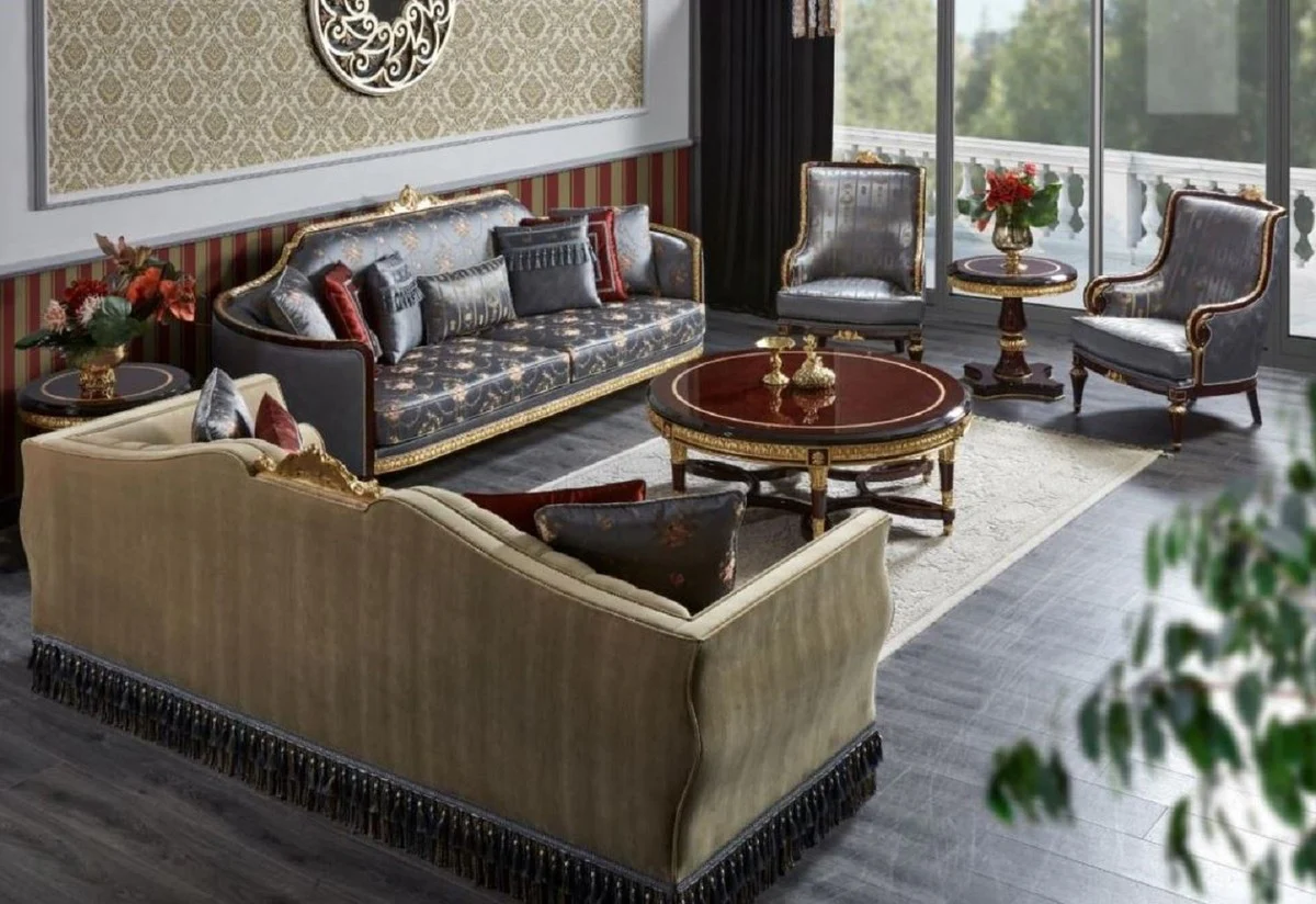 Luxus Barock Wohnzimmer Set Beige / Blau / Dunkelbraun / Gold - 2 Sofas & 2 Sessel & 1 Couchtisch & 2 Beistelltische - Handgefertigte Wohnzimmer Möbel im Barockstil - Edel & Prunkvoll