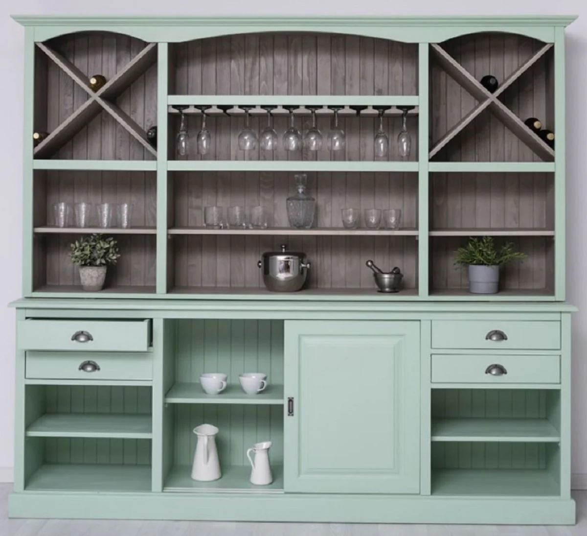 Country house style bar cabinet mint green / gray 240 x 50 x H. 210 cm - Solid wood wine cabinet in country house style - Country house style furniture - Bar furniture in country house style - Country house style furnishings
