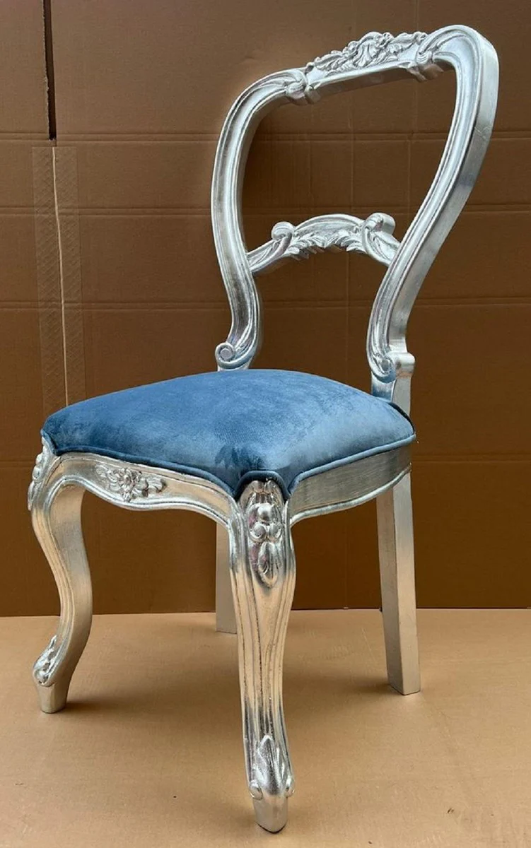 Luxus Barock Damen Stuhl Blau / Silber - Handgefertigter Barockstil Schminktisch Stuhl - Luxus Schlafzimmer Möbel im Barockstil - Barock Möbel - Edel & Prunkvoll