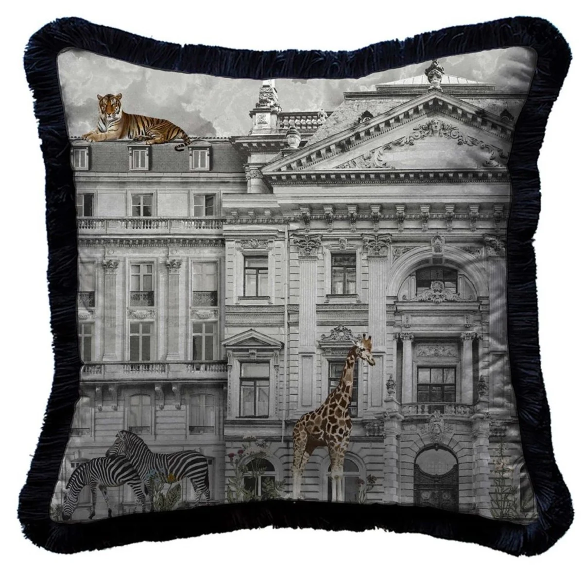 Luxury decorative cushion magnificent house & animals gray / multicolored / black 45 x 45 cm - printed velvet cushion with fringes - luxury decorative accessories