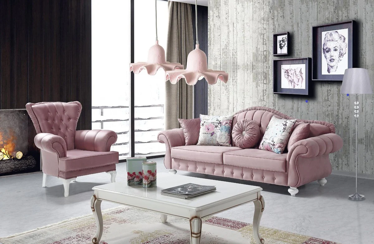 Baroque sofa pink / white 225 x 83 x H. 92 cm - living room sofa in baroque style - baroque furniture