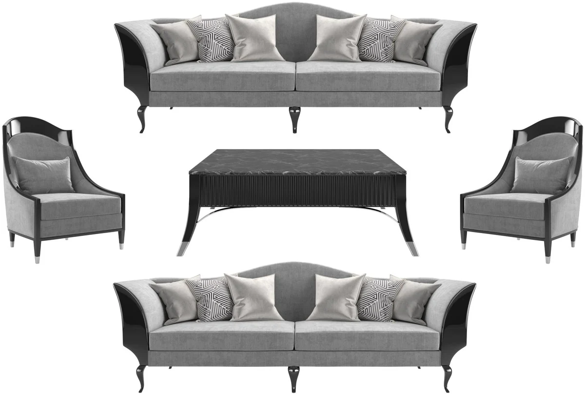 Luxus Art Deco Wohnzimmer Set Grau / Schwarz / Silber - 2 Sofas & 2 Sessel & 1 Couchtisch mit Marmorplatte - Edle Art Deco Wohnzimmer Möbel