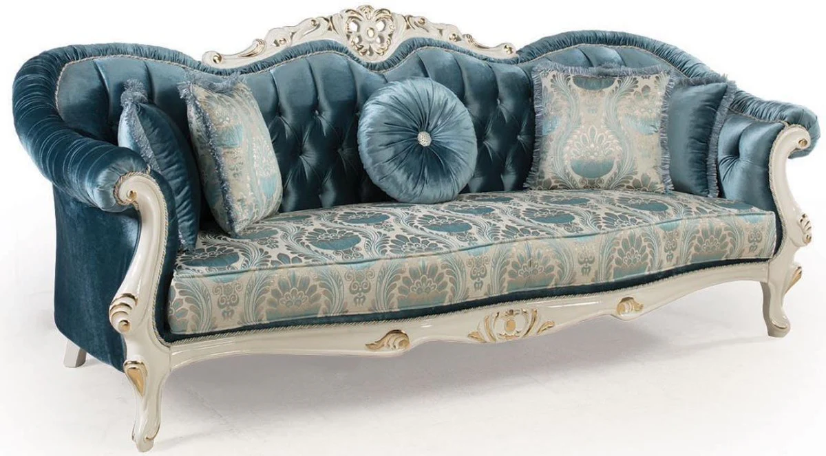 Luxus Barock Wohnzimmer Set Blau / Weiß / Gold - 2 Sofas & 2 Sessel & 1 Couchtisch - Prunkvolle Wohnzimmer Möbel im Barockstil