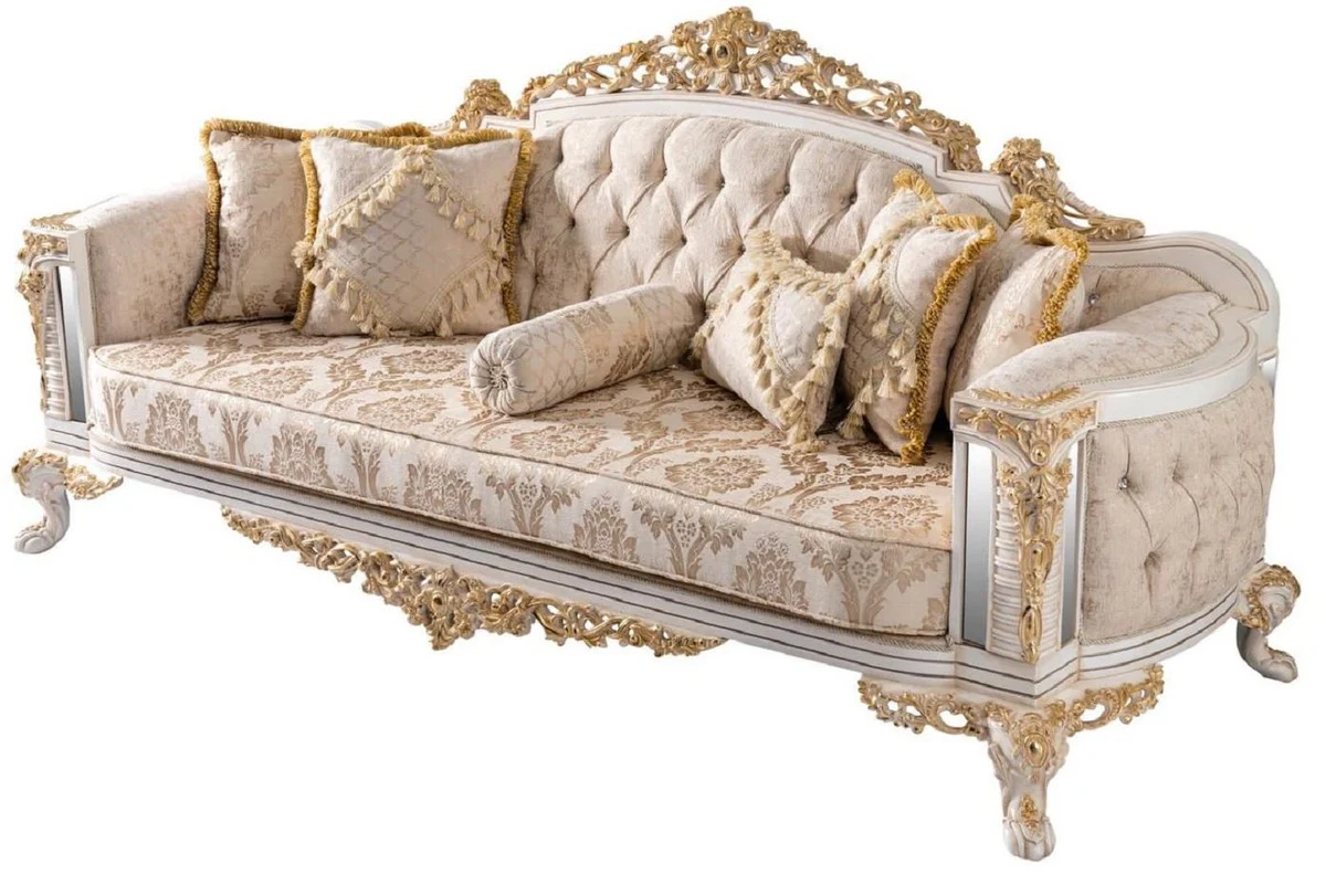 Luxury Baroque Sofa Beige / White / Gold - Magnificent Living Room Sofa with Glitter Stones - Baroque Style Living Room Furniture - Luxury Furniture in Baroque Style - Baroque Furnishings - Noble & Magnificent